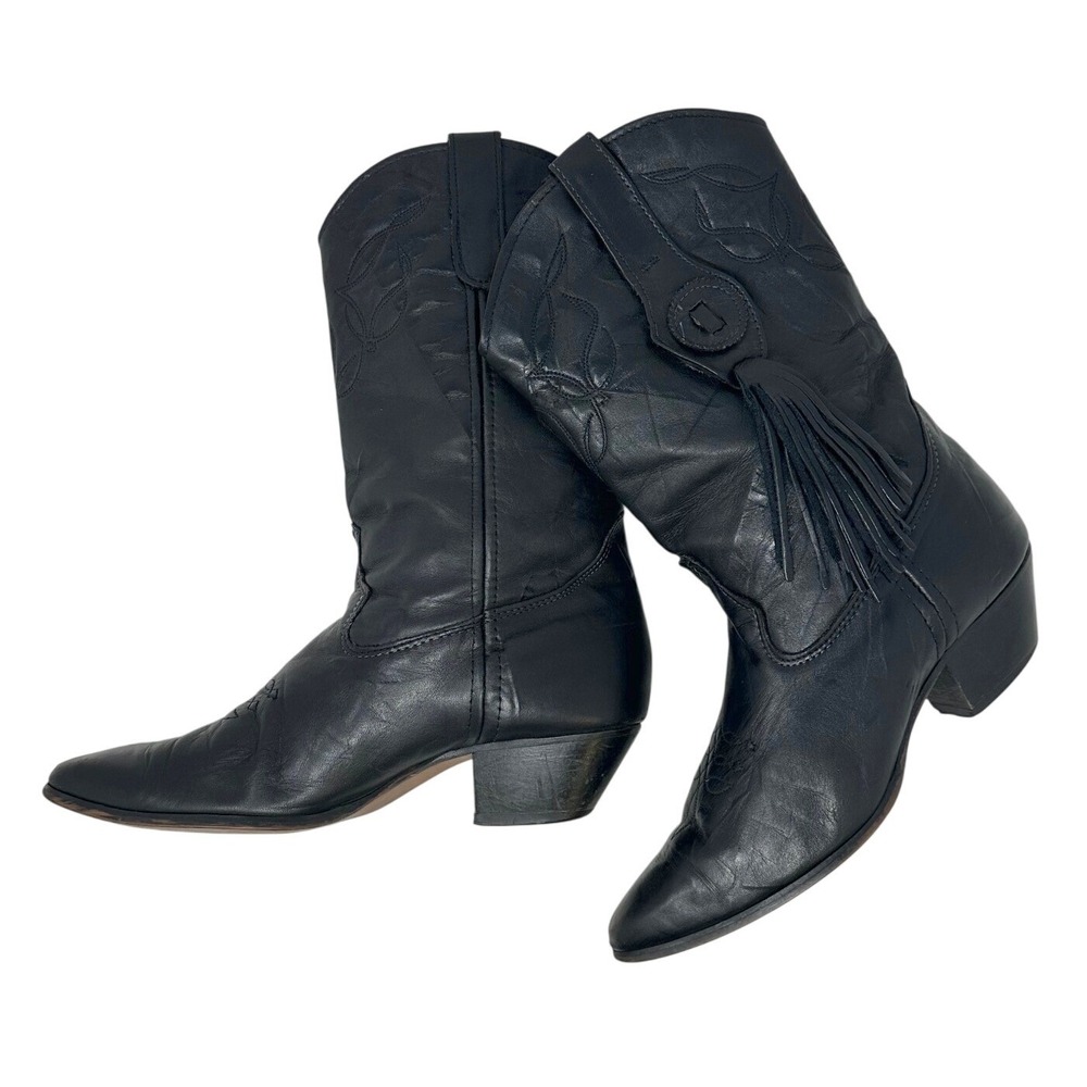 90s-00s Laredo Tasseled Boho Country Western Festival Cowboy Boot Black 8